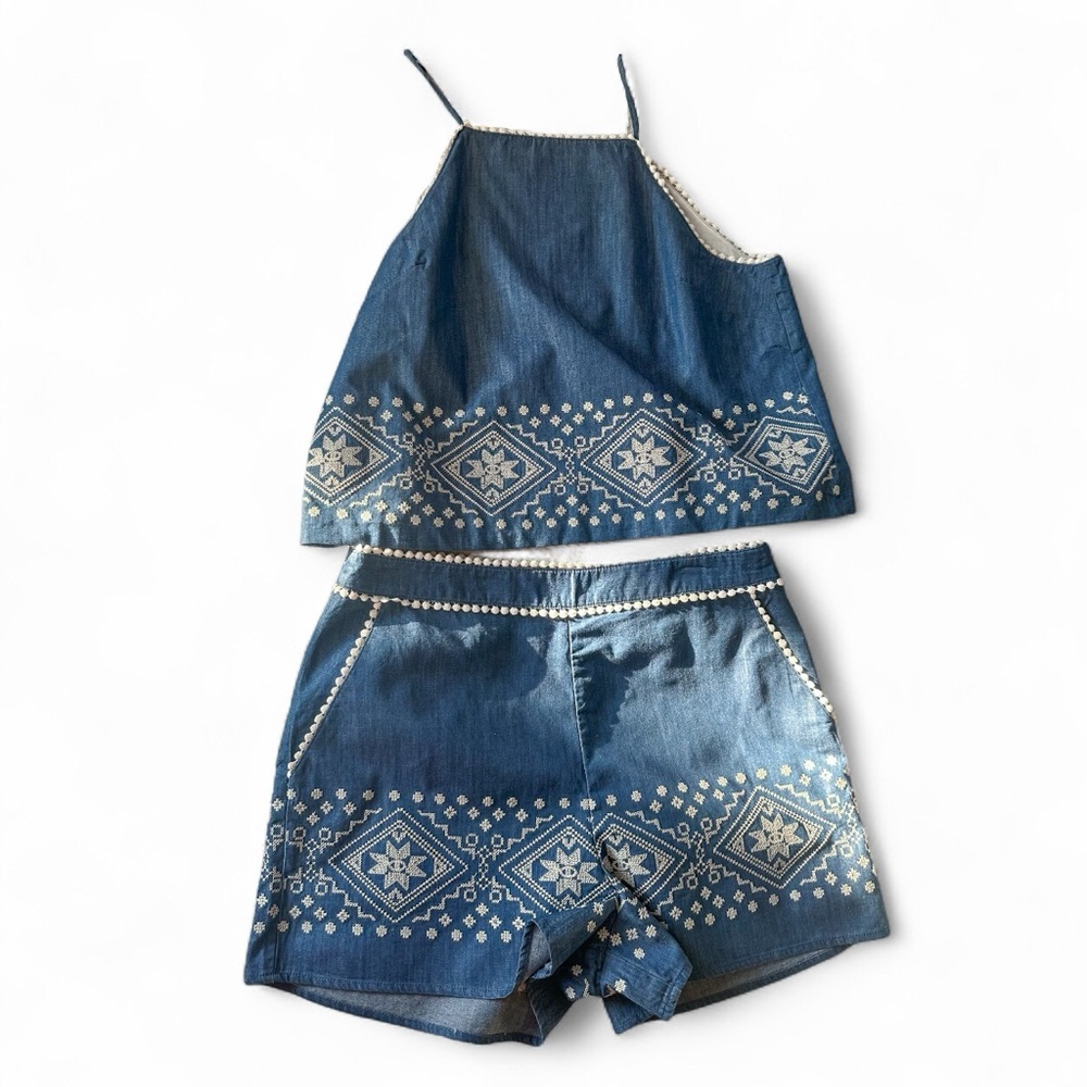 J.O.A. Los Angeles Chambray Embroidered 2-Piece Set Halter Top & Shorts | Size L